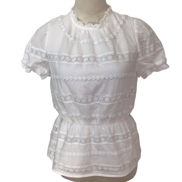J Crew White Daisy Chain Lace Peplum Puff Sleeve Cotton Blouse Size XS - Picture 2 of 8